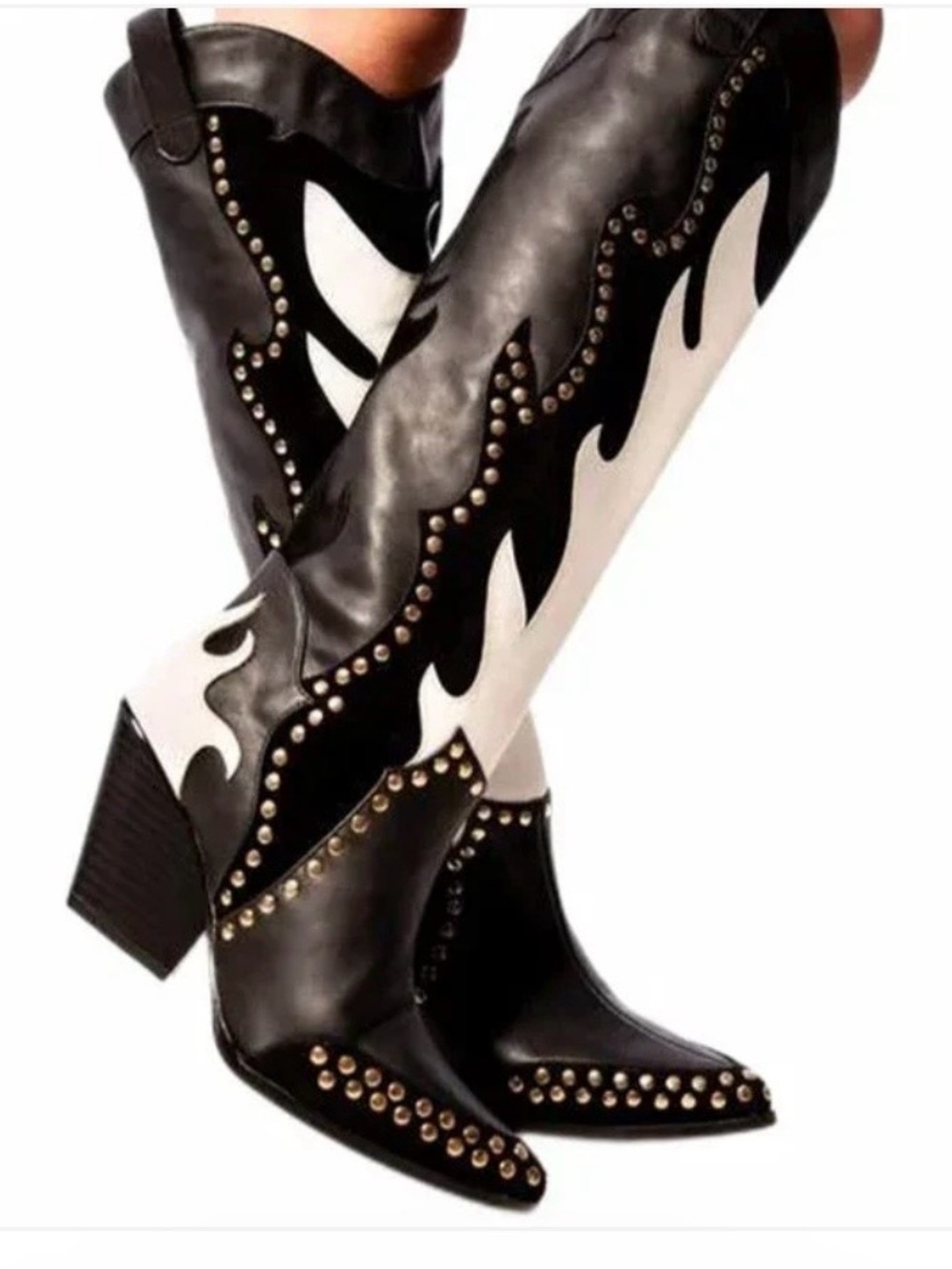 Studded Black and White Western Knee-High Boots